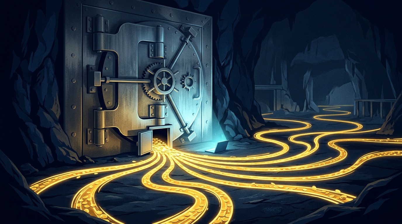 Illustration: ten streams of glowing coins pour out of a vault, past a single laptop on the floor.