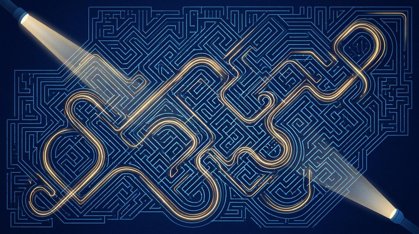 Illustration: a vast glowing maze of nodes with light looping through it, swept by two flashlight beams.