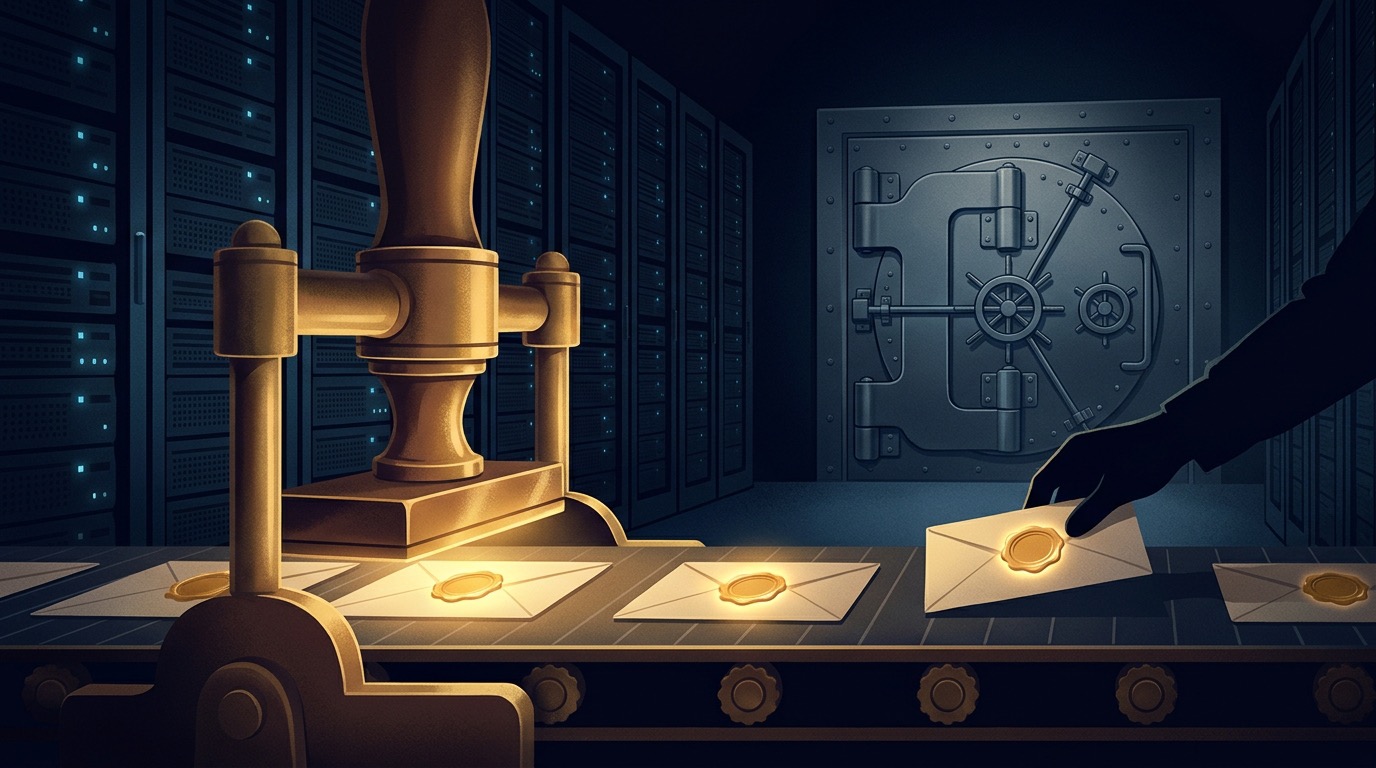 Illustration: a sealing machine stamps envelopes on a conveyor while a shadowy hand slips extra envelopes onto the belt; the key safe behind it stays locked.