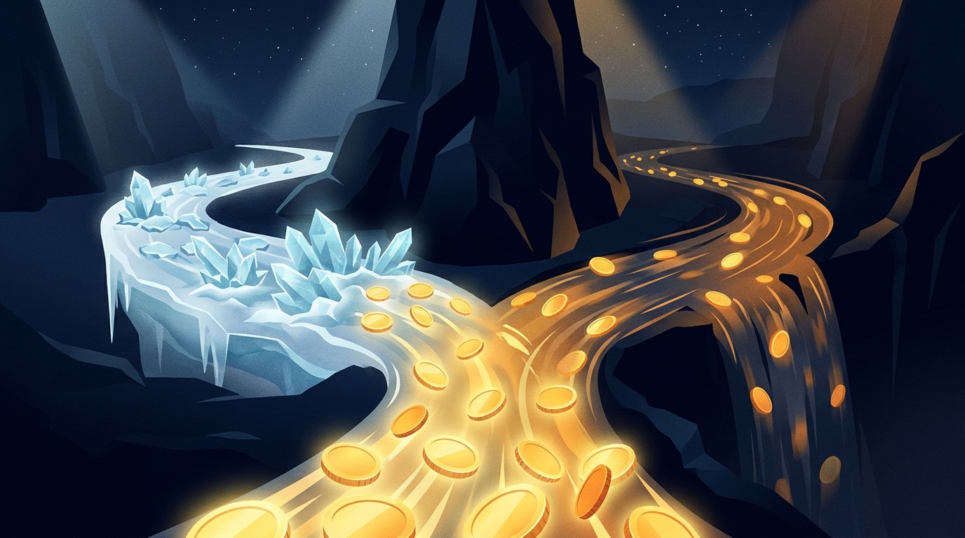 Illustration: a river of coins splits; one branch freezes into blue ice, the other keeps flowing away.