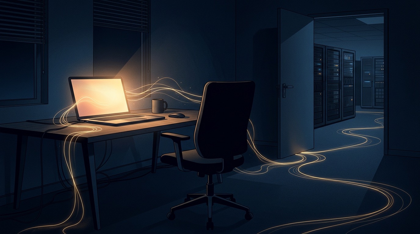 Illustration: a laptop glowing on a desk at night, with thin threads of light leading away to distant server racks.